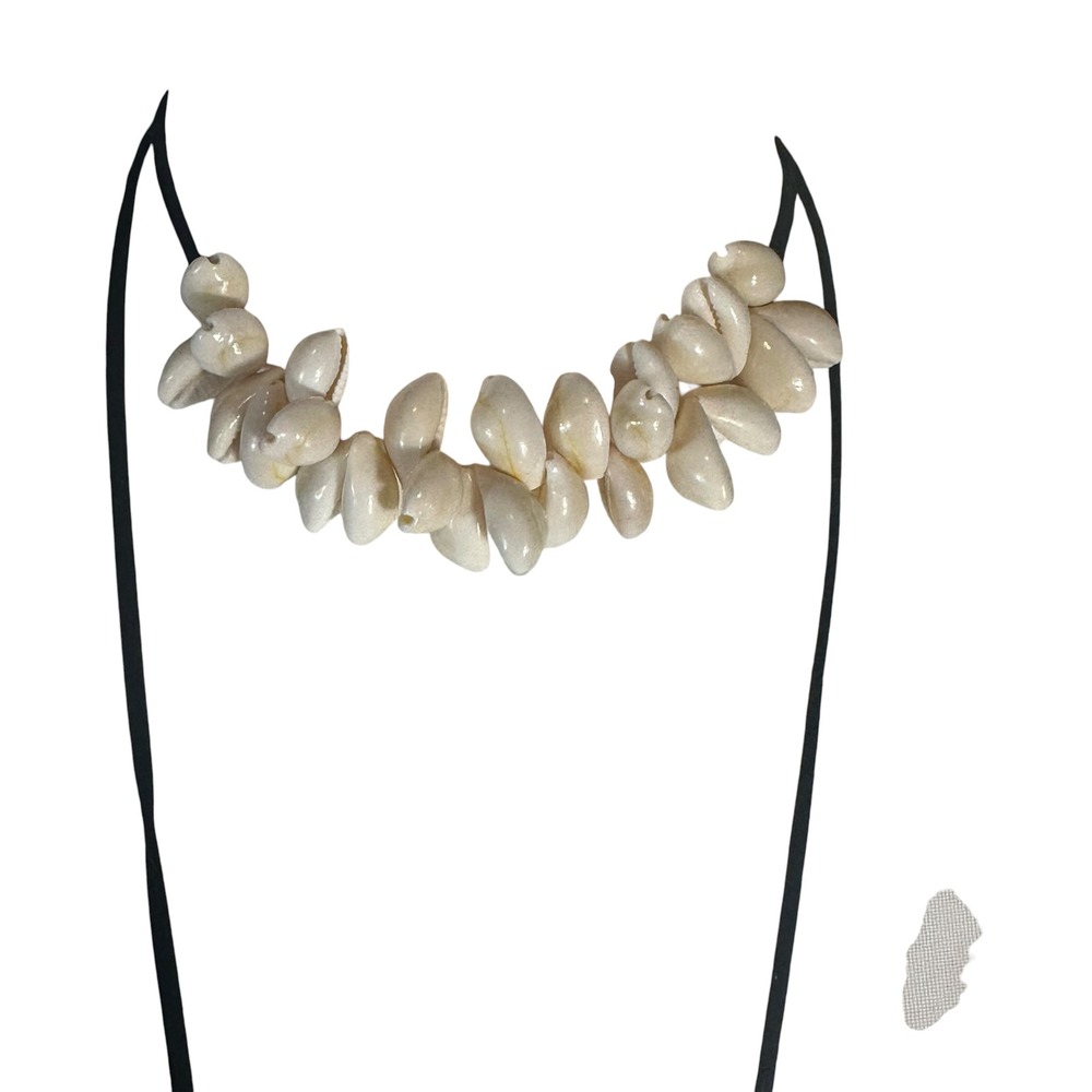 Free People Katie Leather Shell Choker Necklace Womens OS Black White Boho Tie - Picture 3 of 5